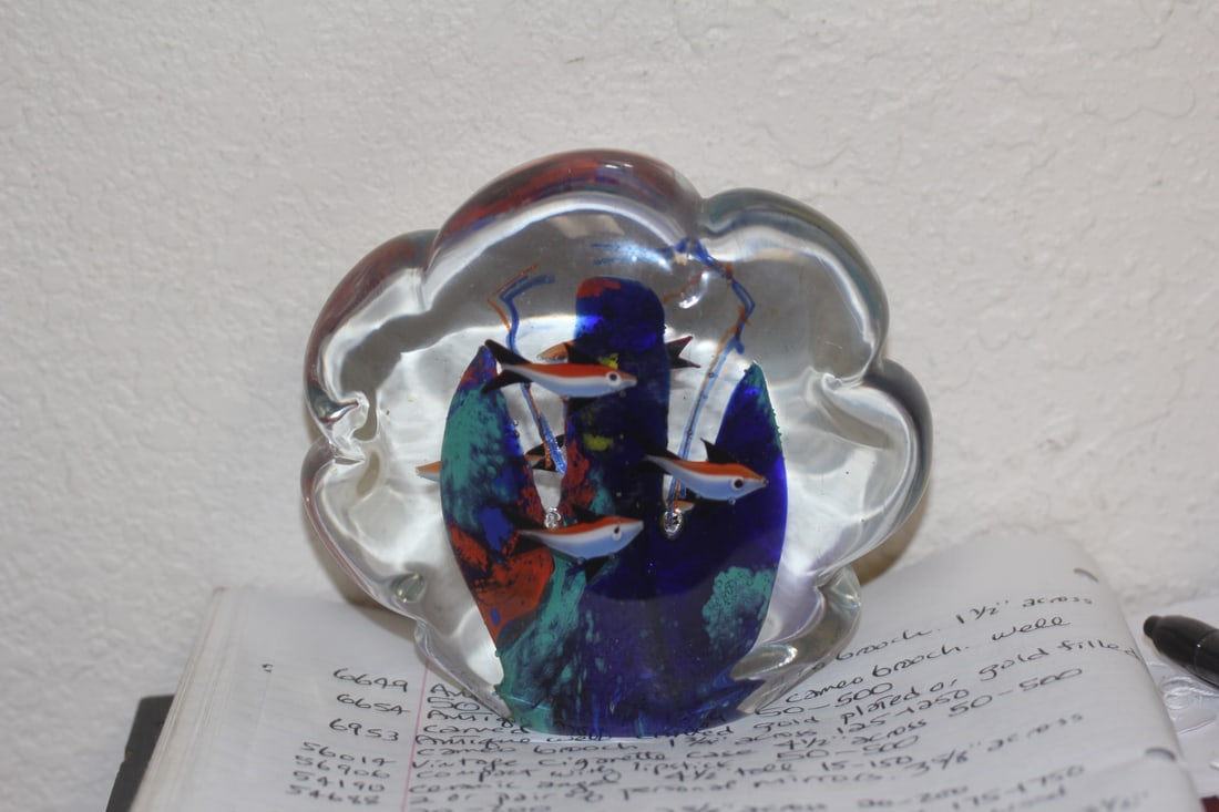 Large Art Glass Fish Paperweight: 5" x 5"