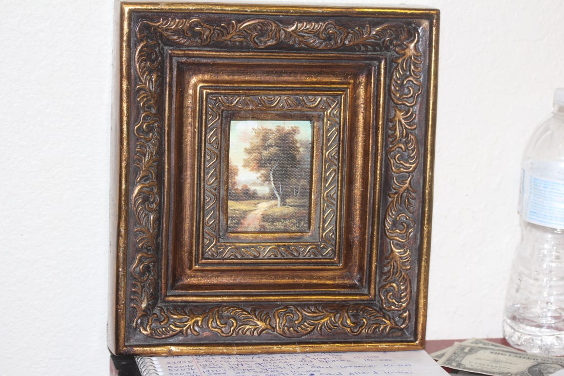 Ornate Frame Print on Canvas: overall= 9" x 9 5/8" - sight= 3 1/4" x 2 1/4"