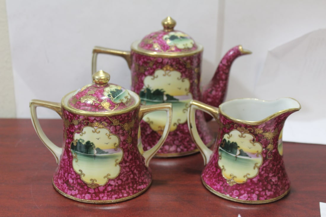 An Antique Japanese Nippon Teapot: with cream and sugar container - teapot= 6 3/34" tall