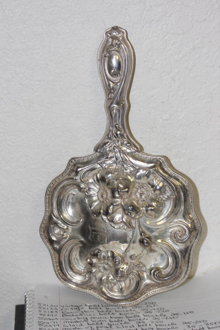 Antique Silverplate Ornate Mirror: 10 inches across - please note: monogrammed: D