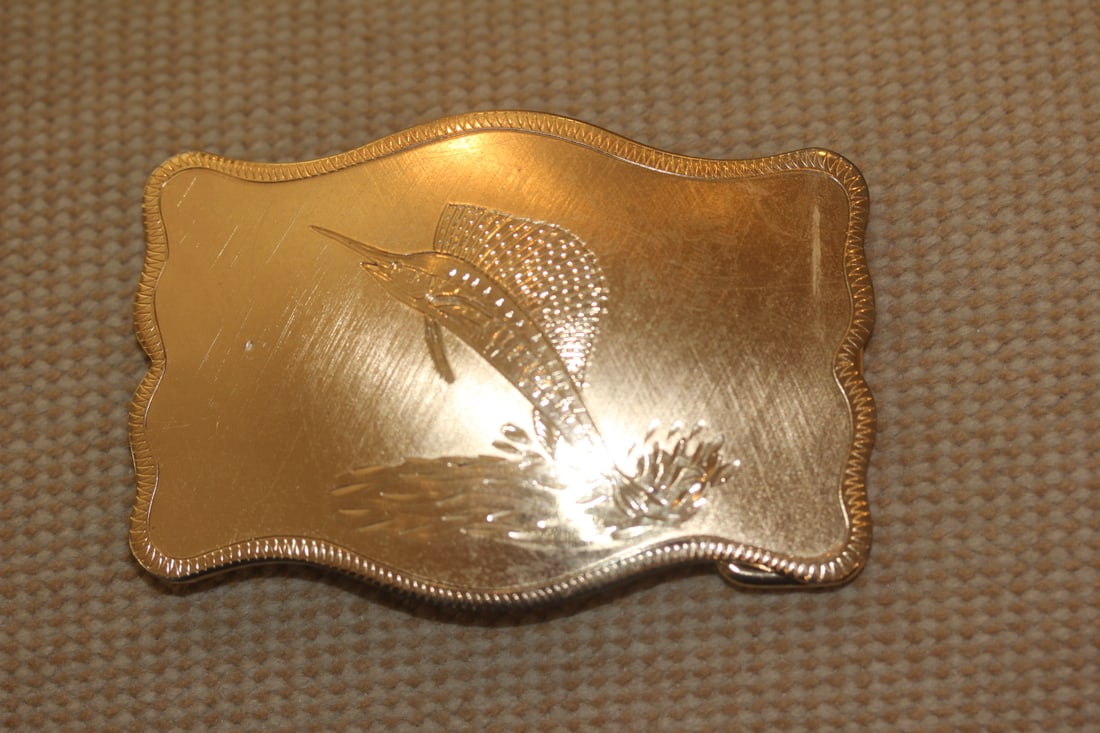 Rare Lazy-K Gold Plated Swordfish Belt Buckle: 3 5/8" across