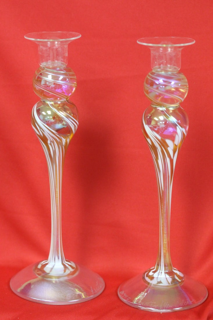 A Pair of New Orleans Glass Candlesticks: Signed 1998 Rosetree - 9 inches tall each