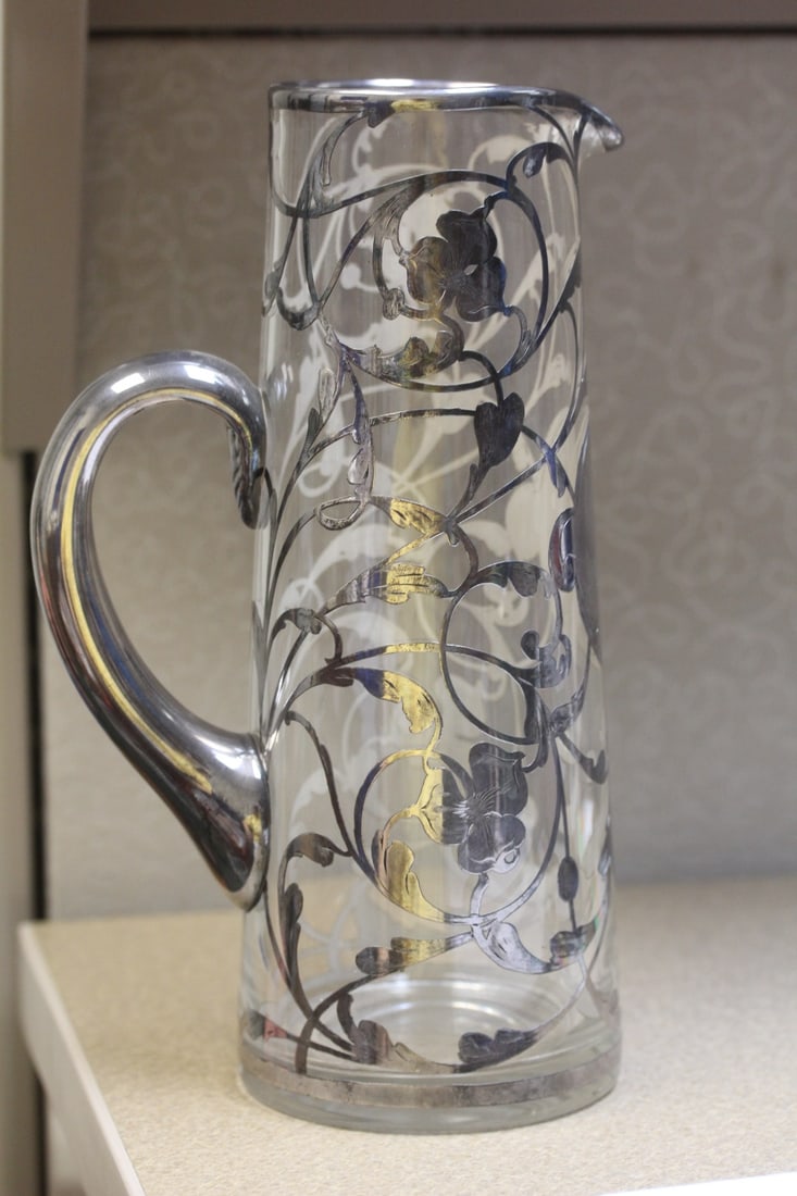 Silver Overlay Pitcher: marked EHM - please note: monogrammed - 10" tall
