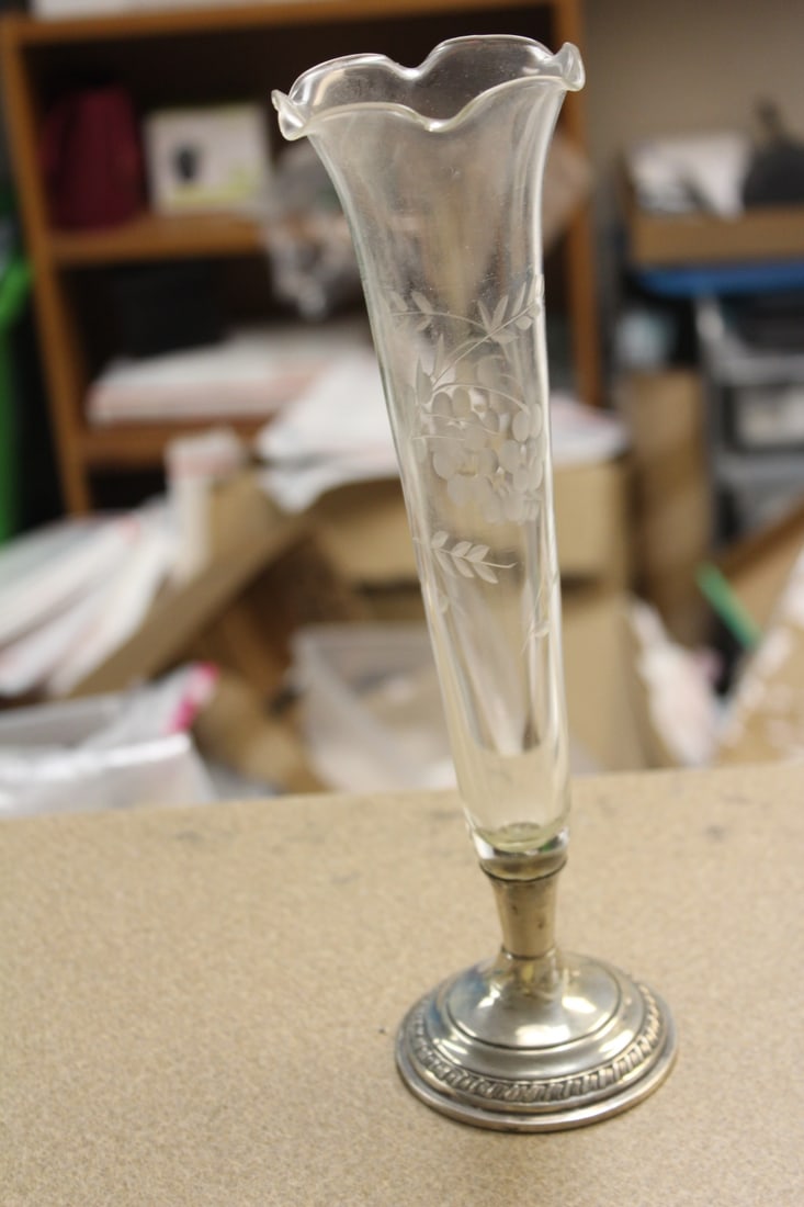 Sterling Base Etched Glass Stem Vase: weighted sterling base - 10 1/2" tall