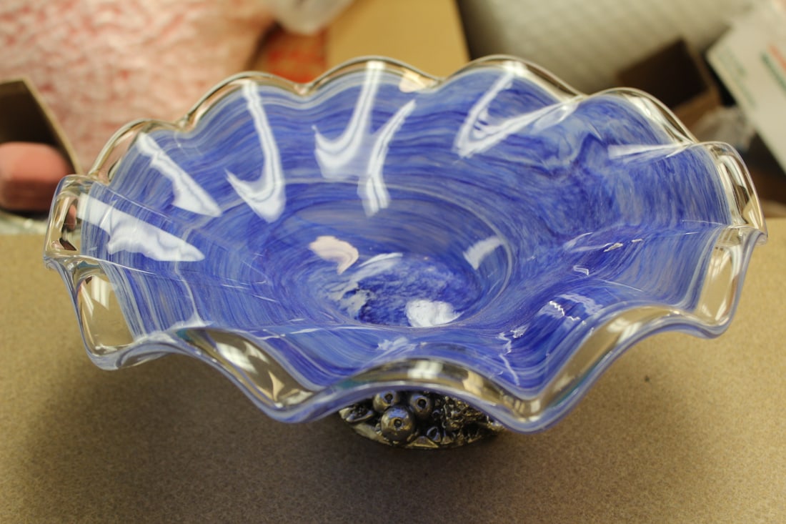 Art Glass Compote with Metal Base: label - 11 5/8" in diameter