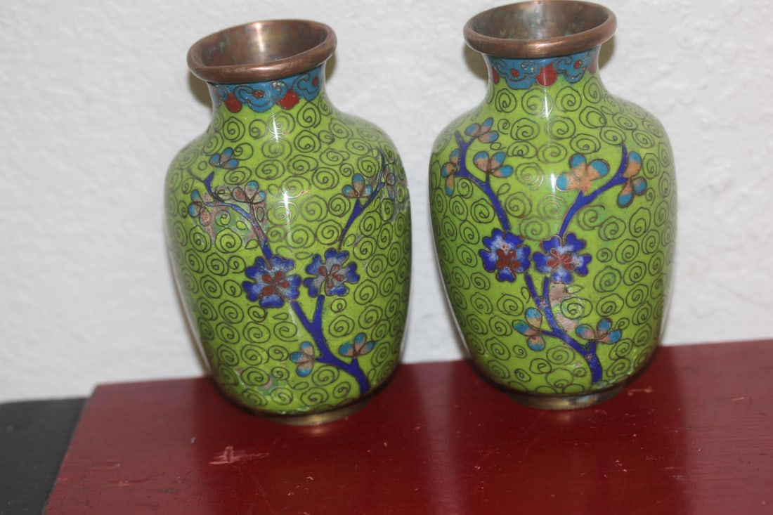 Pair of Antique Chinese Cloisonne Vases: early 20th century - marked "China" - please note: both have bruises/dents, but still a pair of good looking vases - each measures 4 1/4" tall