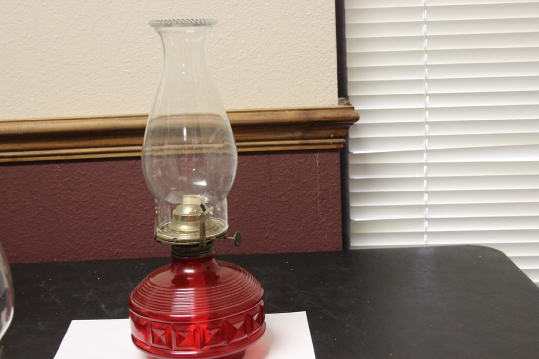 A Ruby Red Oil Lamp: 14 1/4" tall