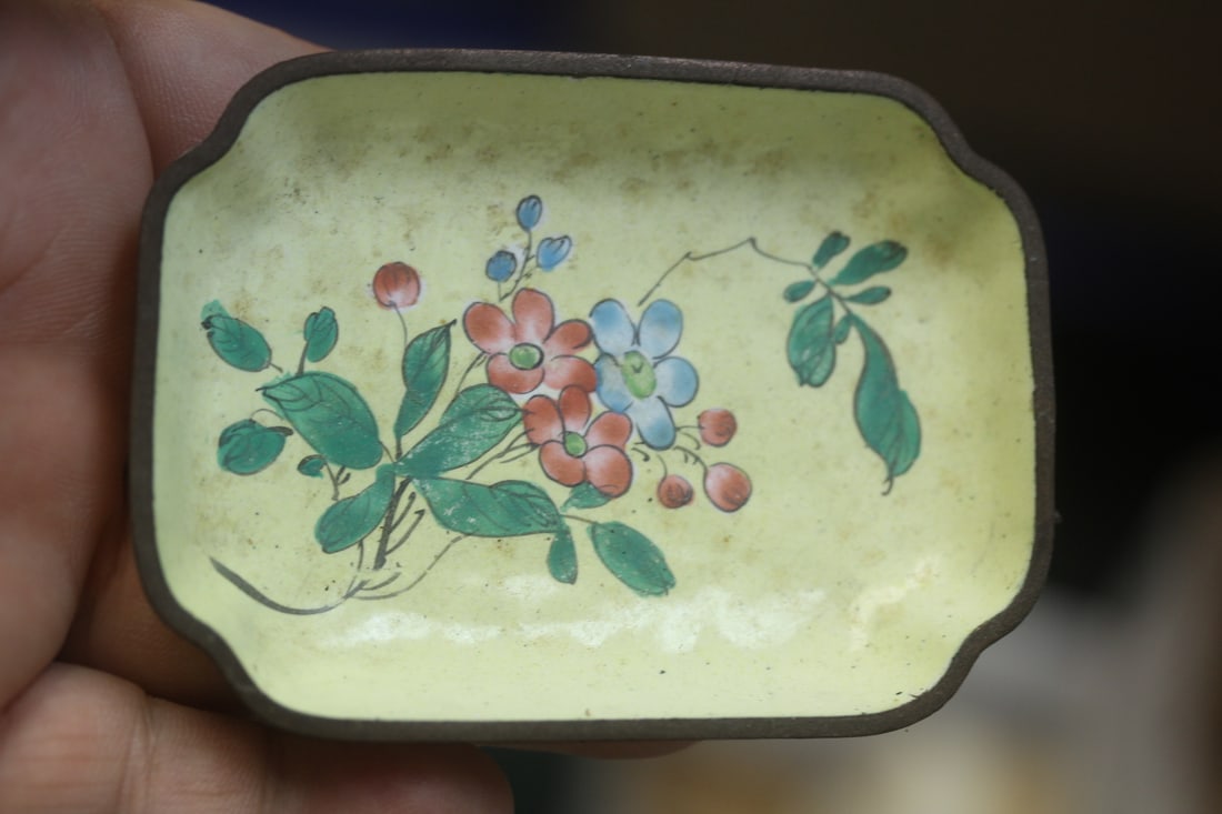 Antique Chinese Rectangular Small Dish: enamel on copper - 3 3/8 inches across
