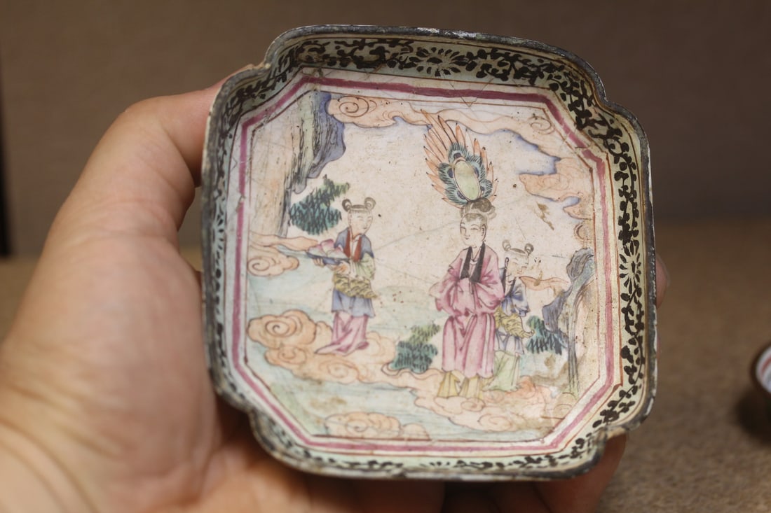Antique Chinese Enamel Square Dish: 19th century - unusual scene/subject - please note= crazing as shown - 3 3/4" square