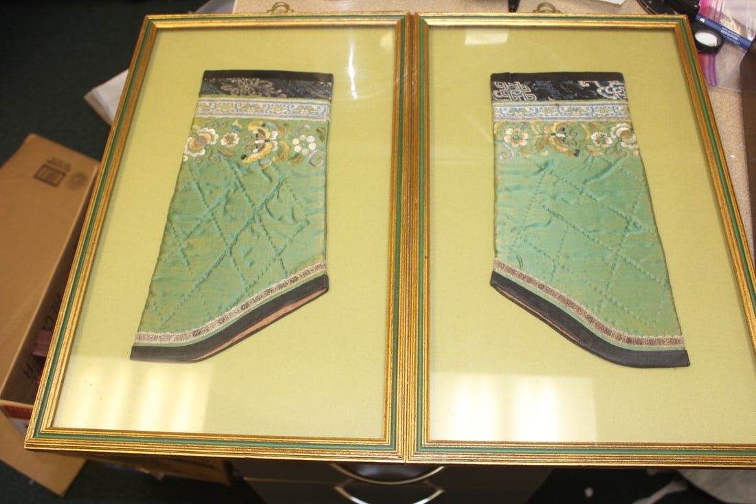 Pair of Framed Chinese Embrodery Sleeves: 19th century - overall= 19" x 11 3/4" - sleeves= 12 1/2" long