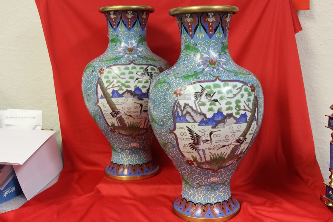 Pair of Large Cloisonne Vases: well made - 15 1/2" tall