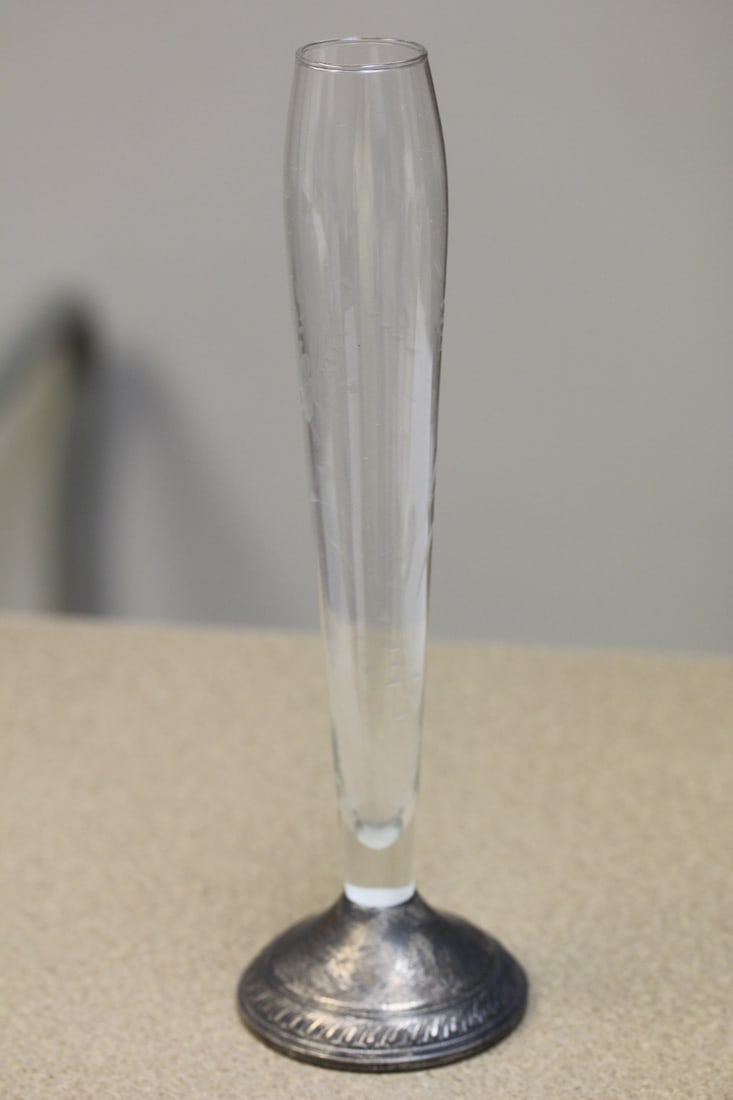 Weighted Sterling Base Etched Glass Vase: 9 3/4" tall