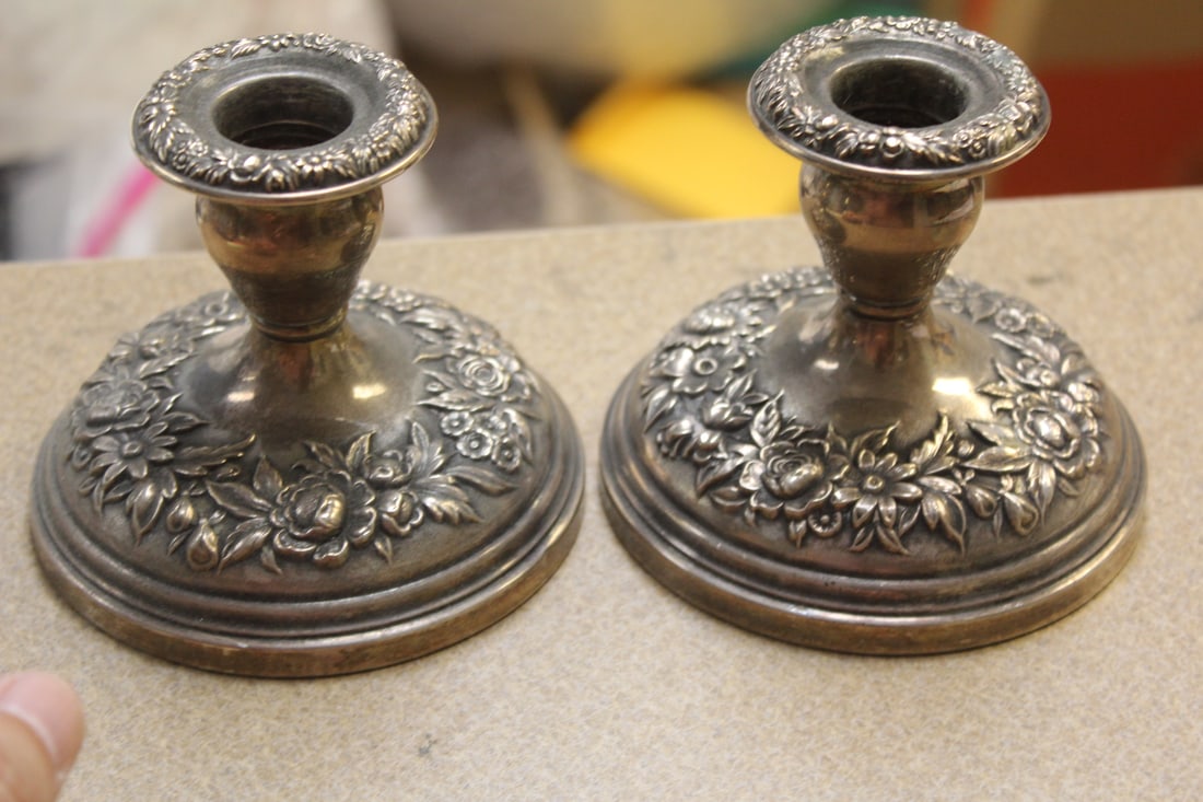 Pair of Very Ornate Sterling Base Candle Holders: weighted sterling base - 3 5/8" tall