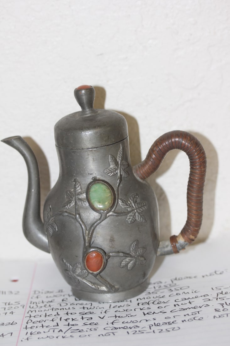 Antique Chinese Jade Insert Teapot: Chinese paktong or pewter - jade insert - small teapot - early 20th century - 5" tall