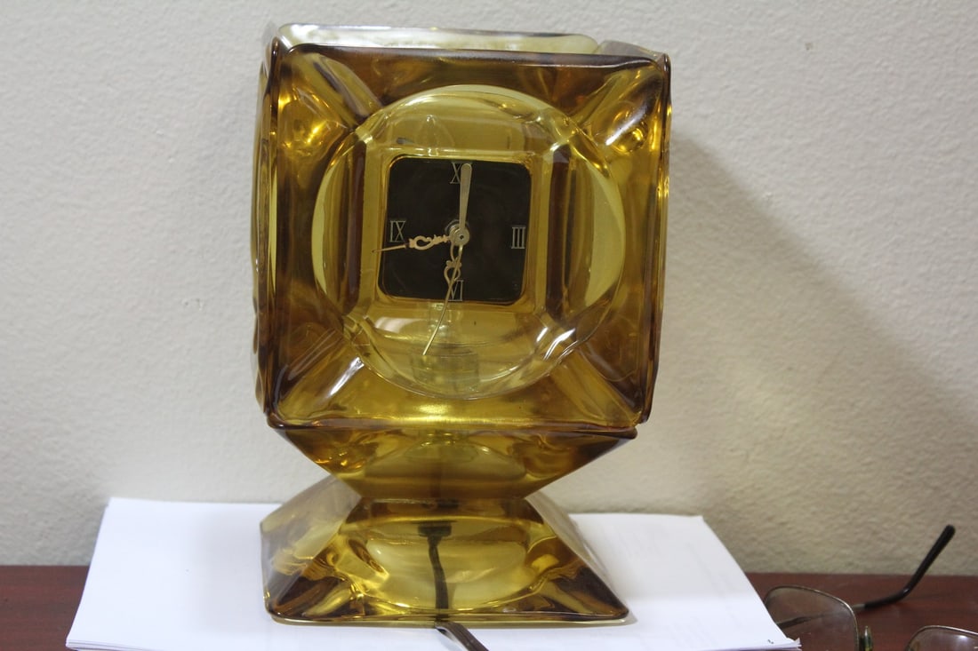 A Retro Glass Block Style Clock Lamp: both appeared to be working - 9 1/8" tall
