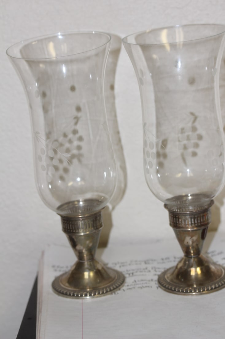 Pair of Weighted Sterling Base Hurricane Lamps: weighted sterling base and etched glass - 9 1/4" tall each