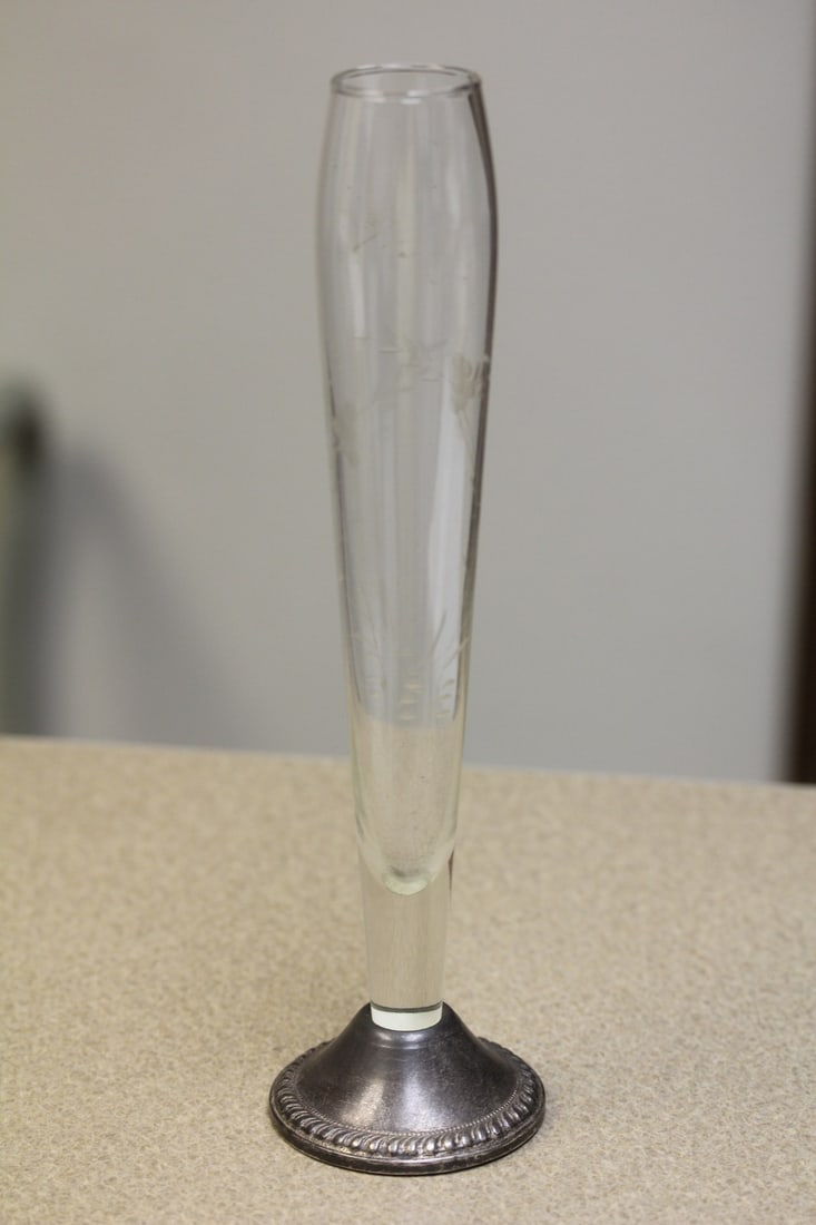 Sterling Base Etched Glass Vase: 9 1/2" tall