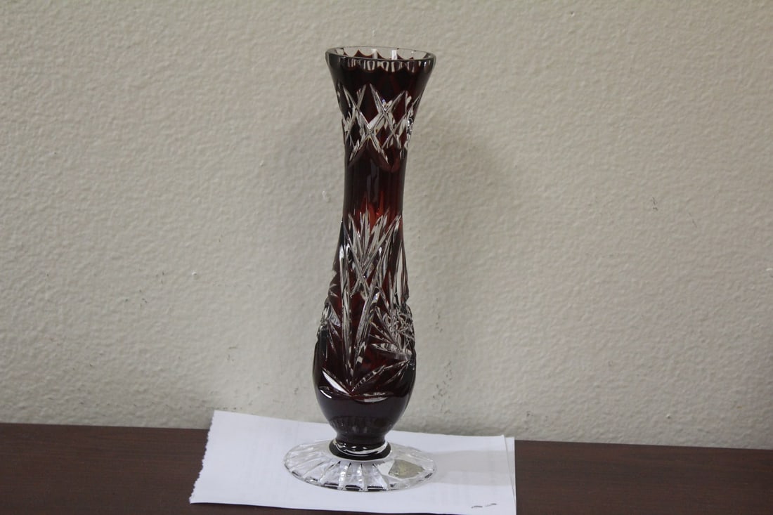 A Beautiful Ruby Red Cut Glass Stem Vase: 7 1/2" tall