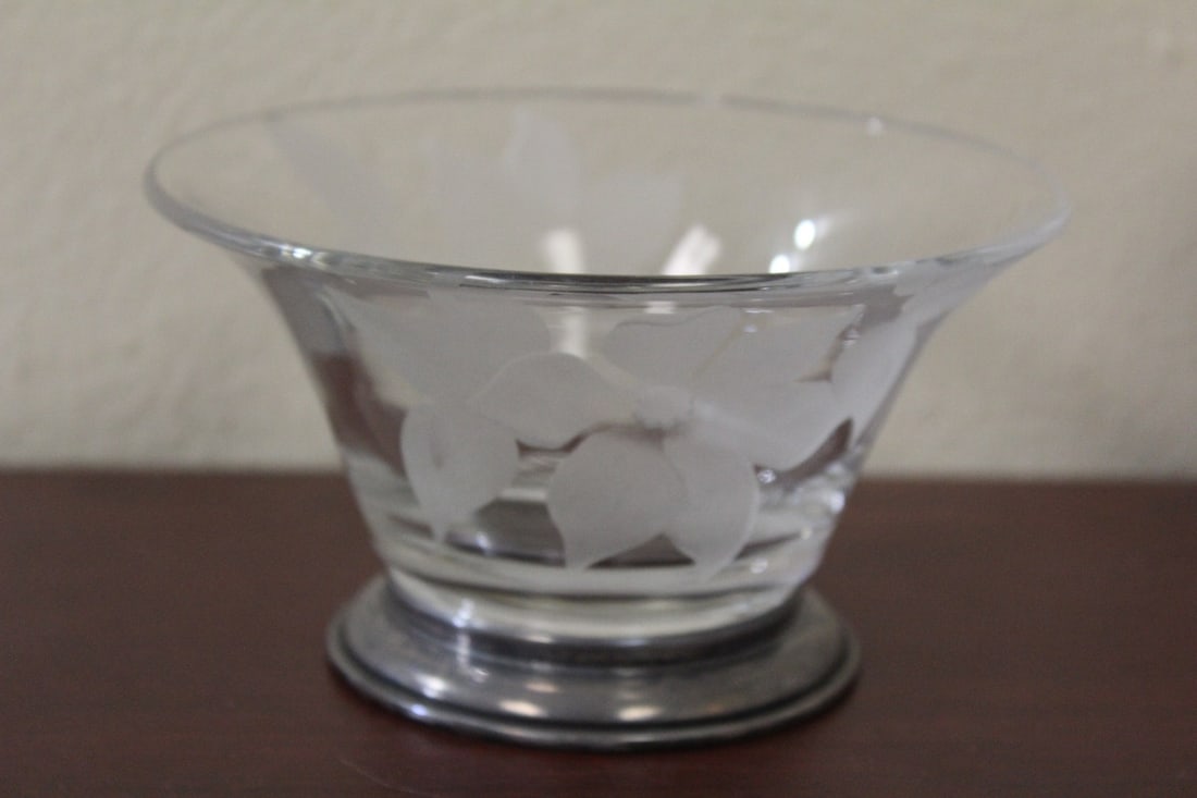 An Etched Glass Bowl: with marked sterling rim - 5 1/2" in diameter