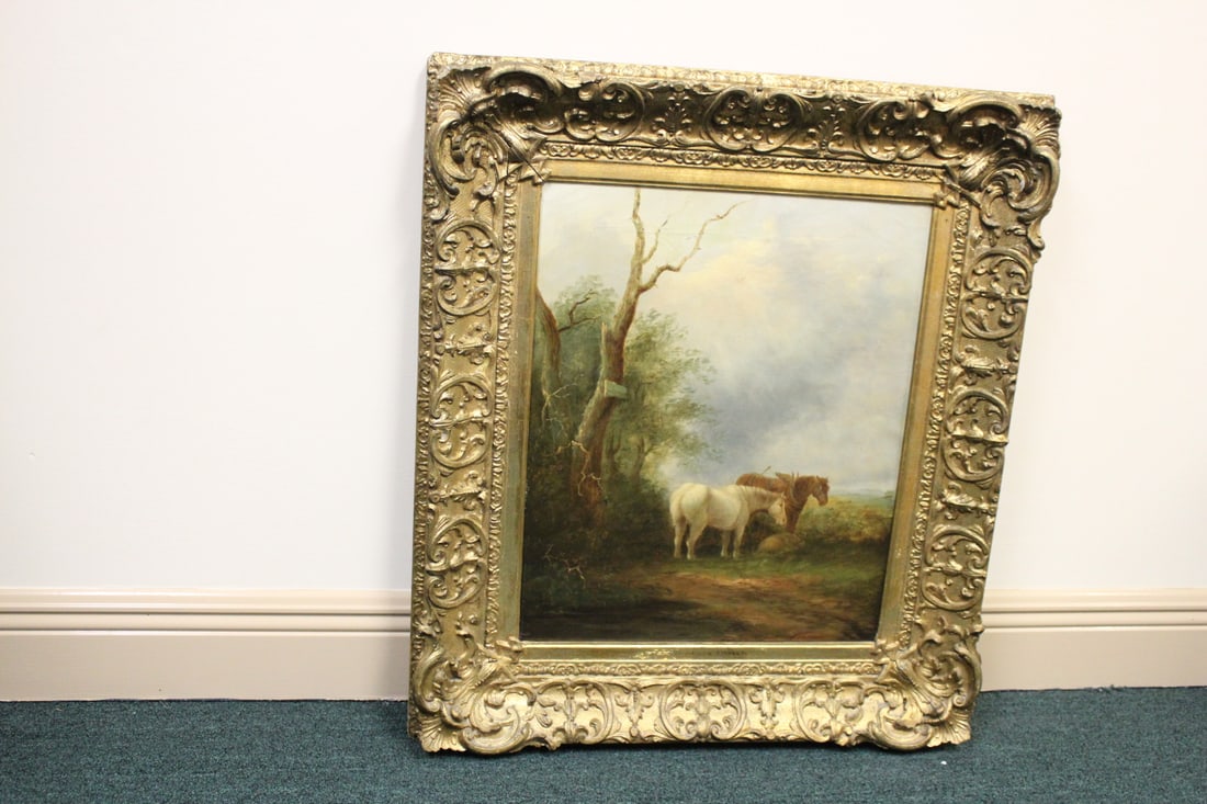 A Beautiful Framed Horse Painting: Oil on canvas - signed - 19th century - overall= 25" x 28 3/4"