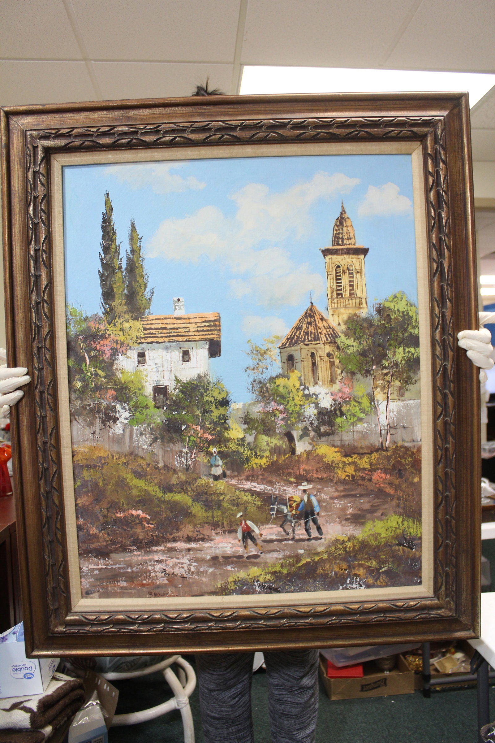 A Vintage Spanish Signed Oil on Canvas Painting: please note: minor paint loss - overall= 38" x 32"