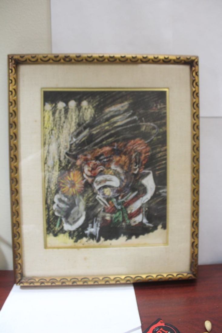 A Framed Clown Painting: unsigned - pastel - overall= 21 1/8" x 17 1/2"
