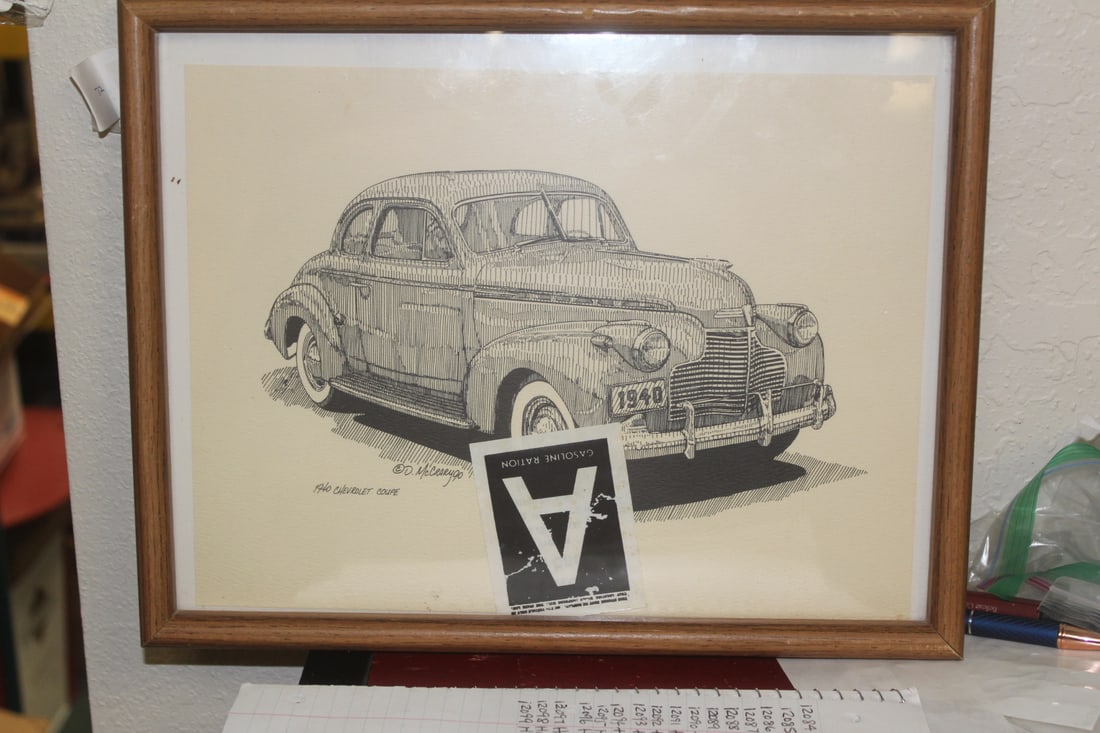 Dan McCrary Illustration of a Chevy Coupe: framed - illustration of a Chevrolet Coupe - dated 1990 - measurement: 13 3/4" x 10 3/4"