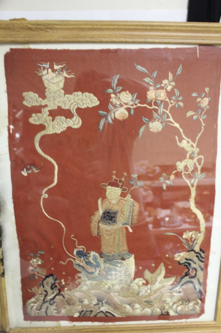 An Antique Framed Chinese Silk: please note: frame has fungus - overall= 25 3/8" x 31 3/8"