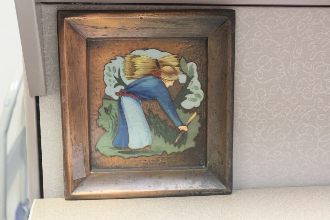 Albert Gilles Vintage Picture of a Peasant: enamel copper - deco period - 9 1/4" x 10 1/4"