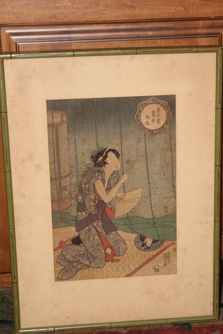 Japanese Woodblock Print: signed and framed - most likely 19th century - please note: spots as shown - overall= 22 3/8" x 16 3/4"