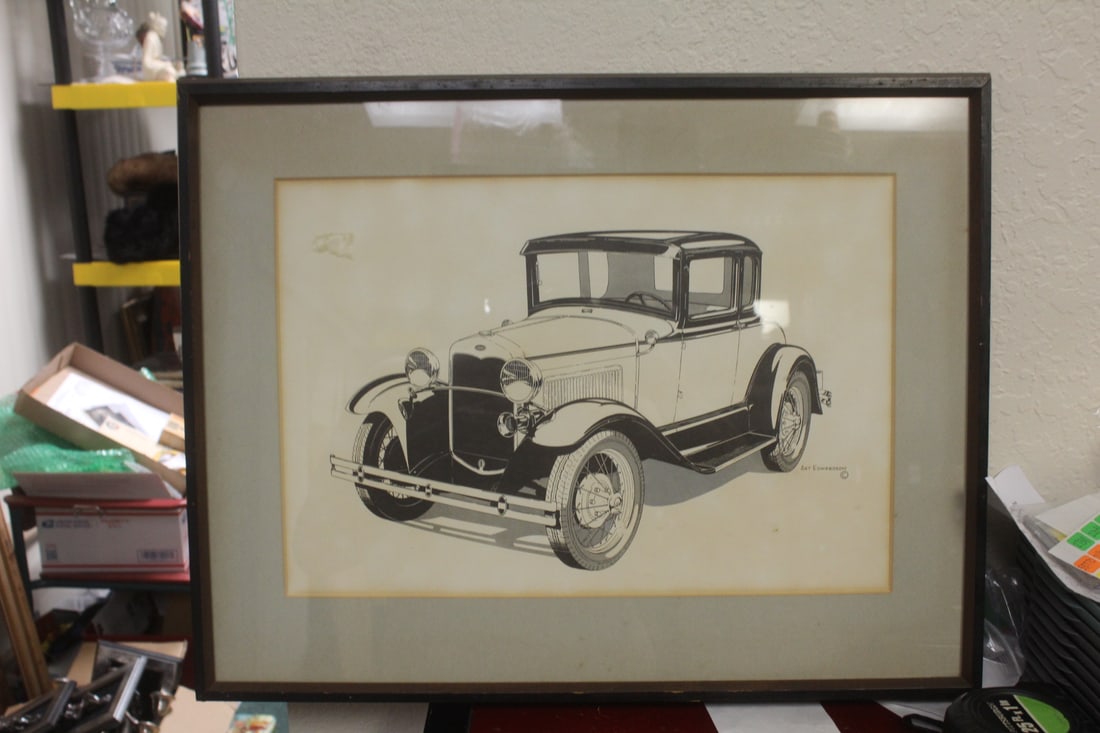 Edwardson Drawing/Print of an Automobile: framed art - overall= 19 1/2" x 15 1/8"