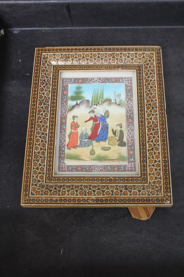 Vintage Persian Painting on Camel Bone: framed - overall: 10" x 8 1/4"
