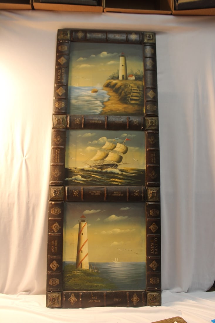 Three Oil on Board Paintings: in one panel of light houses/ship - overall= 46 1/2" x 17 1/2"