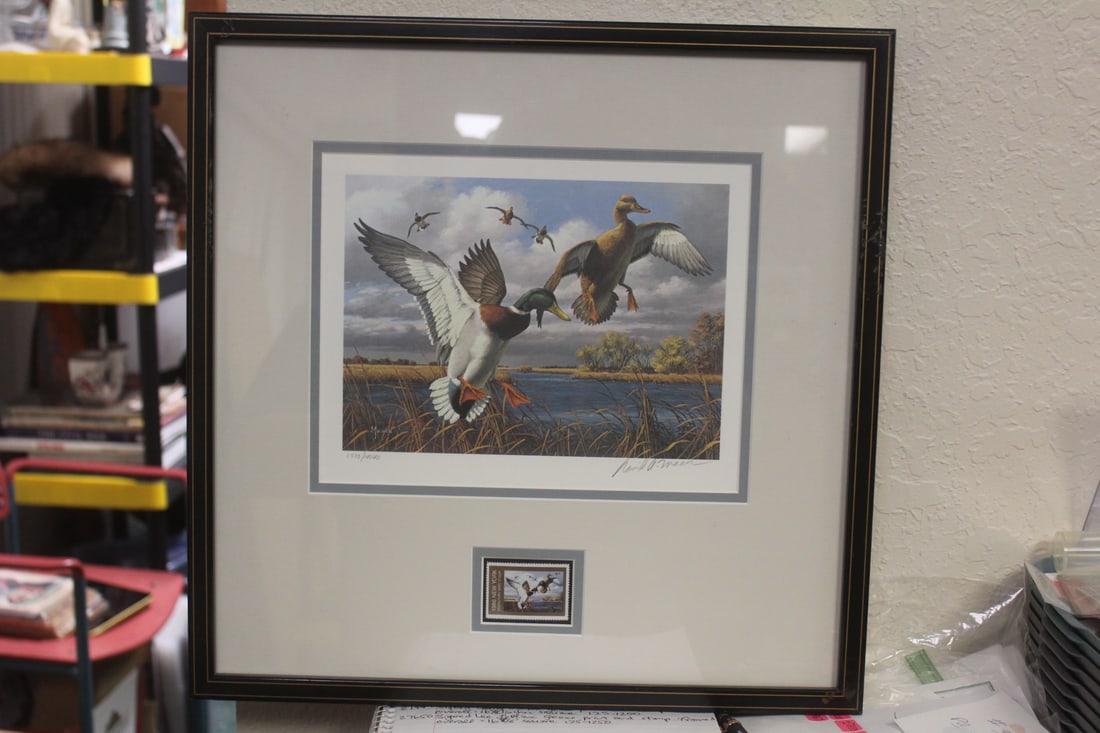 Signed David Maass Geese Print: and stamp - framed - overall= 16 5/8" square