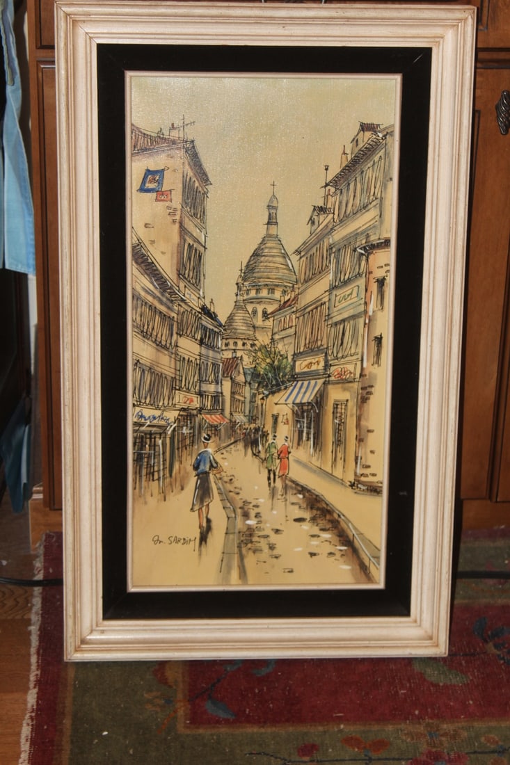 Mid Century Style Painting by Marie Sadim: listed artist - probably 1970's to 1980's - framed - overall= 30 1/4" x 18 1/4"