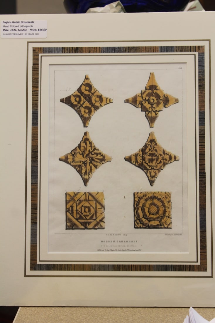 Pugin's Gothic Ornaments Lithograph: unframed - dated 1831 - hand coloured - overall= 16" x 14"