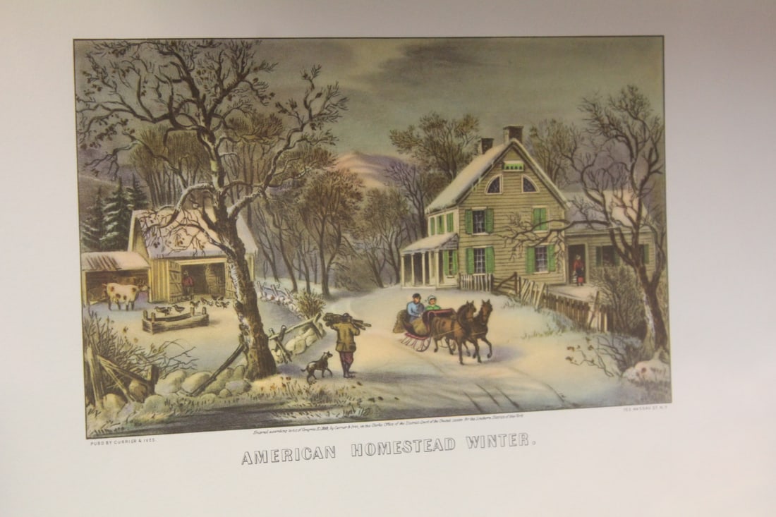 Vintage Currie and Ives Print: American Homstead - inside a plastic rigid sleeve - print overall= 9 7/8" x 7 7/8"