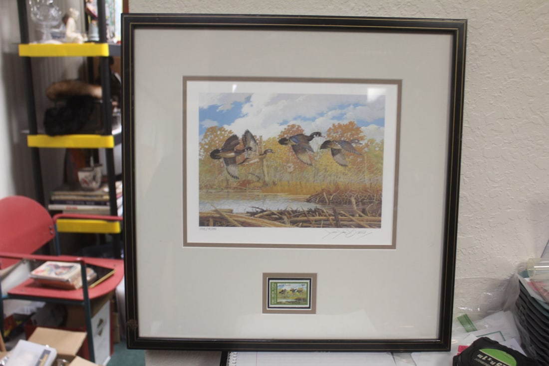 Signed Lee LeBlanc Geese Print: and stamp - framed - overall= 16 3/8" square