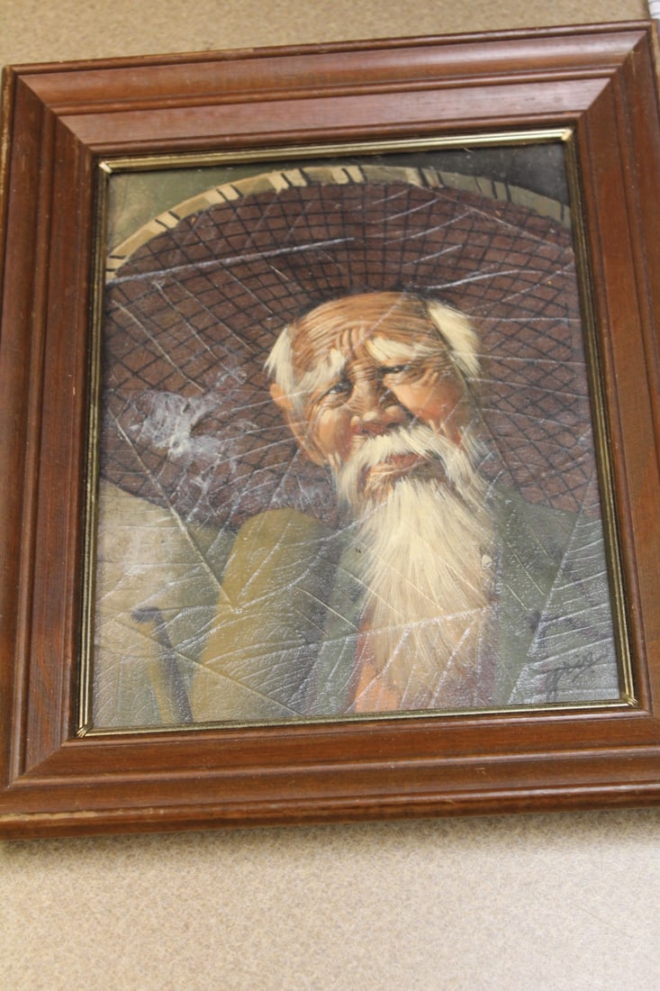 Oil on Leaf Painting: signed Gris - framed - overall= 12 1/2" x 10 1/2"