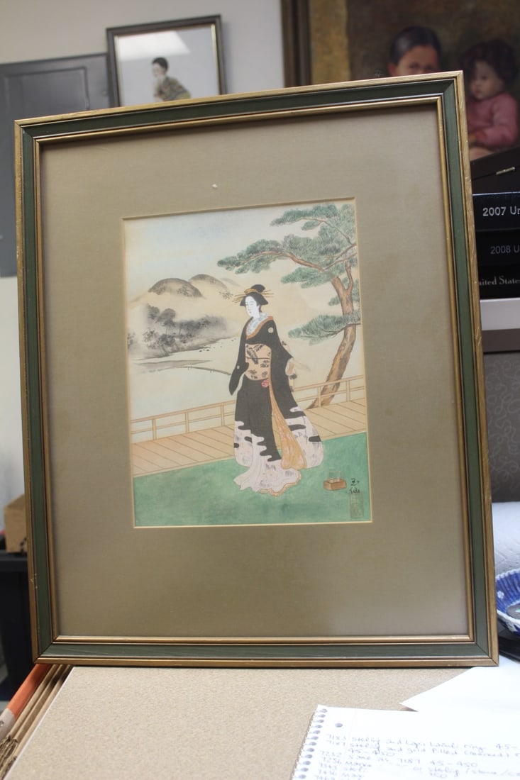 Vintage Japanese Watercolour: signed - framed - overall= 21 3/4" x 17 3/4"