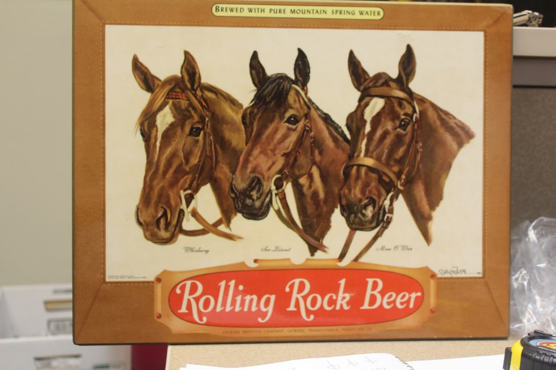 Rolling Rock Beer Advertising Board: very rare, on cardboard, signed, 18" x 14"