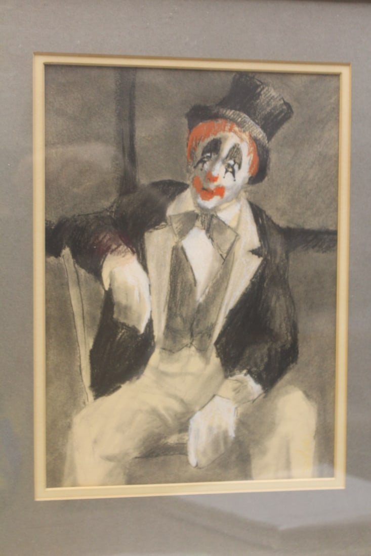 Etching of a clown: framed, some bio on back, overall 15 1/2" x 12 3/8"