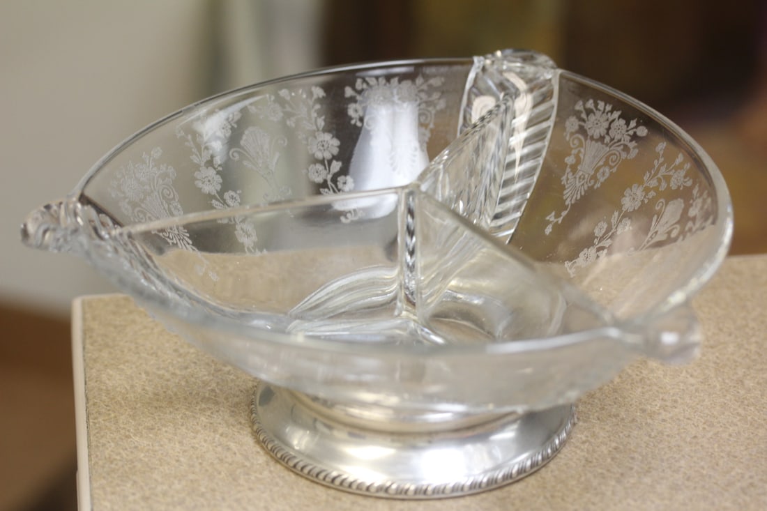 Etched Glass Sterling Rim Bowl: sterling bottom rim - divided bowl - 8" in diameter