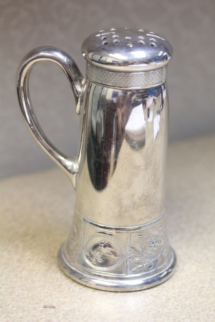 Ornate Silverplated Shaker: 5 inches tall - with 2 different kind of dogs designed