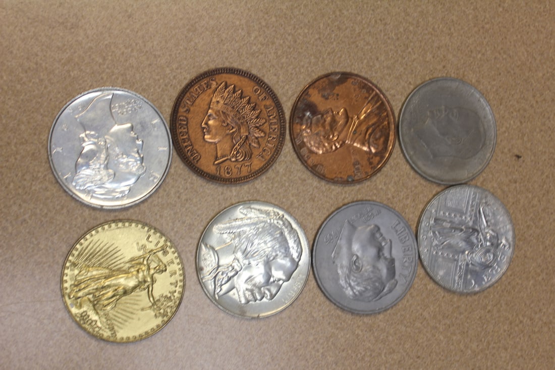 Lot of 8 Decorative Aluminum Coins: 3" in diameter each