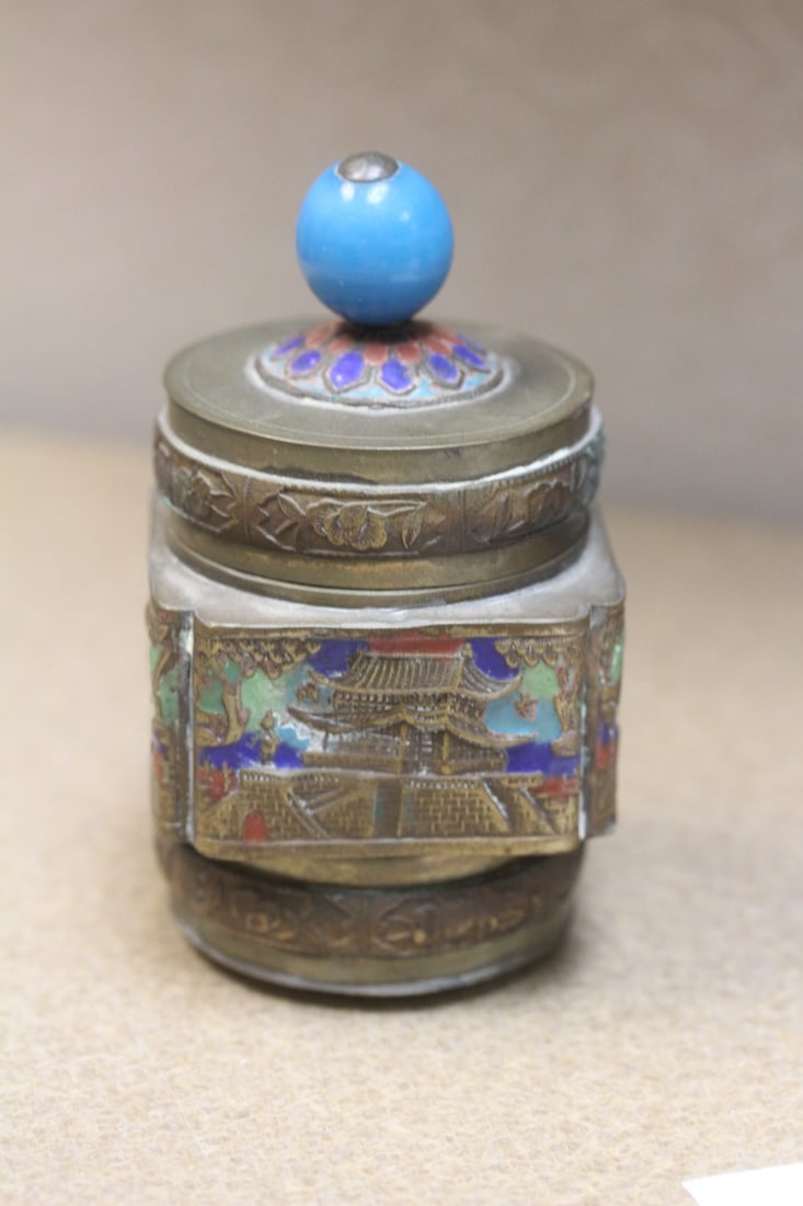 Antique Chinese Brass and Enamel Conatiner: with peking glass finial lid - please note: one dent shown on last image - marked China - early 20th century - 4 inches tall