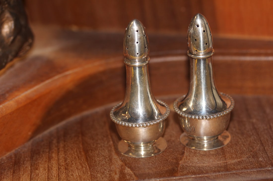 Pair of Small Sterling Salt and Pepper Shakers: please note: monogrammed - 2 3/4" tall each