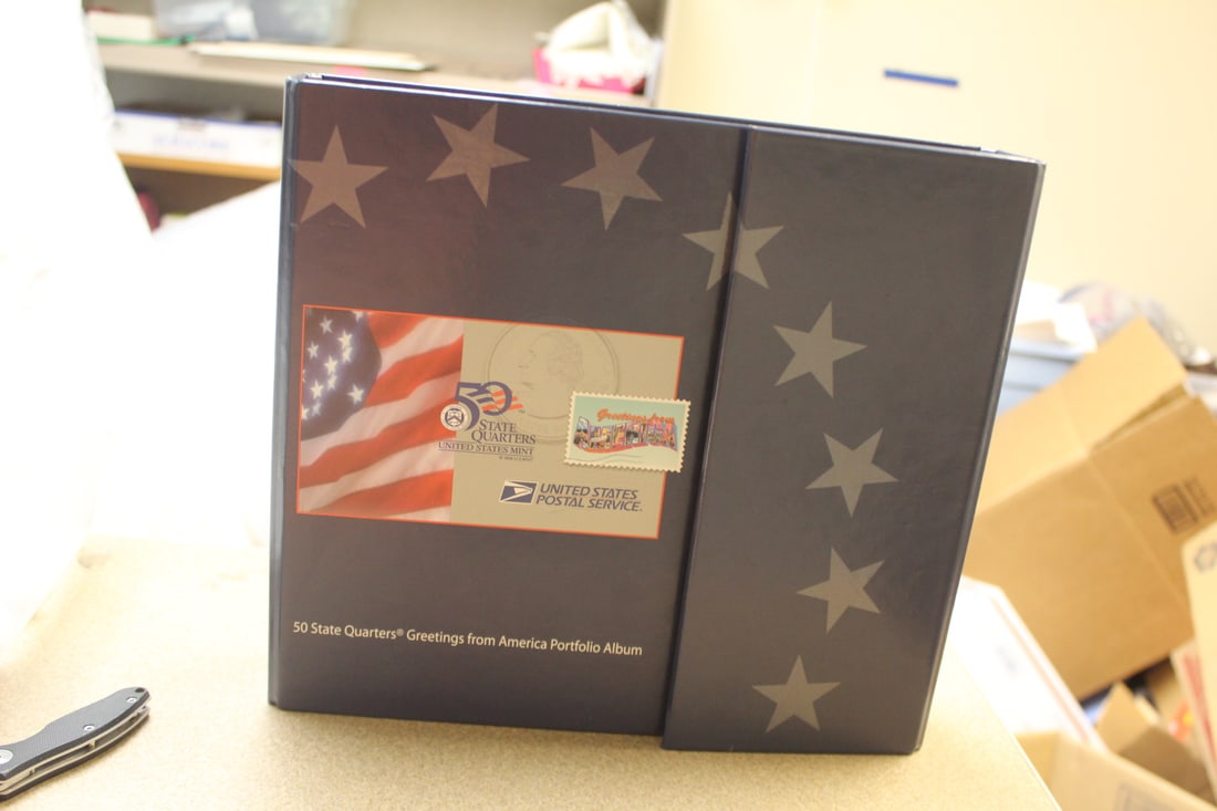 Binder: 50 State Quarters: plus stamps - total of 55 quarters and stamps (11 strips) - all scaled