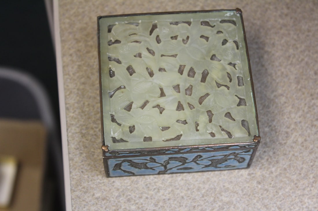 Antique Chinese Trinket Box: enamel jade top - 3 1/8" square