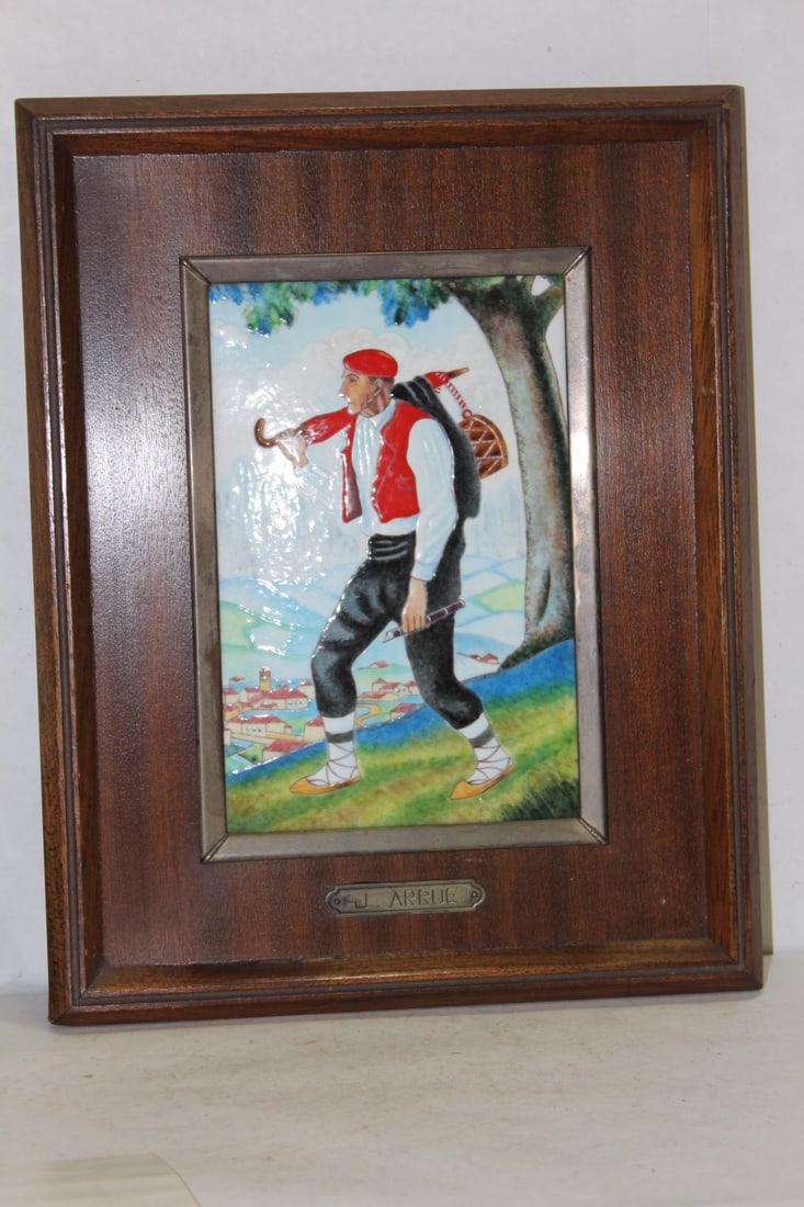 A Framed Enamel Painting on Copper: rare enamel artwork - overall = 13 " x 10 1/2" , - sight = 7 3/4" x 5" - framed by Jose Arrue
